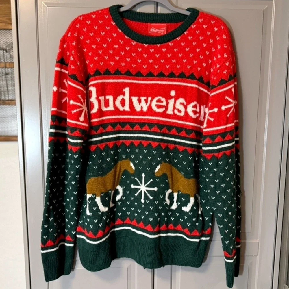 Budweiser Mens Holiday Fair Isle Clydesdale Sweater, Red Green,L - Picture 2 of 12